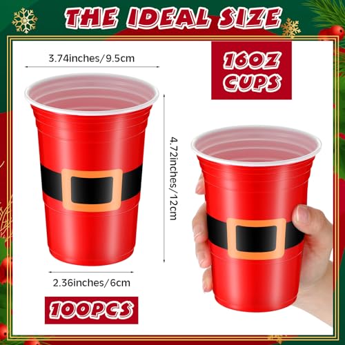 Baderke 16oz Christmas Plastic Cups with Santa Belt Design - Pack of 100