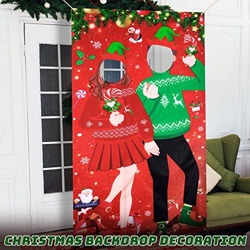 Giant Christmas Photo Booth Backdrop Banner with Face Cutouts - 6x3 ft Holiday Party Decor