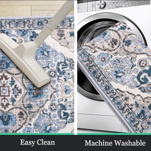 HEBE Boho Kitchen Rugs Set of 3 - Non Slip Washable Floor Mats, Blue, 20x32/48/59 inches