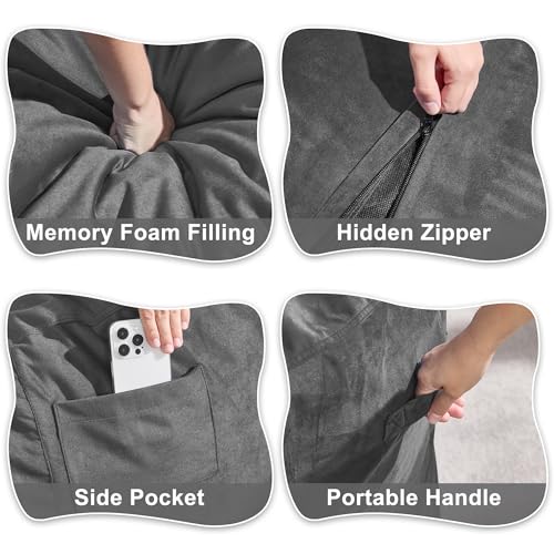 Hobestluk Extra Large Grey Velvet Bean Bag Chair - Soft Memory Foam Lounge