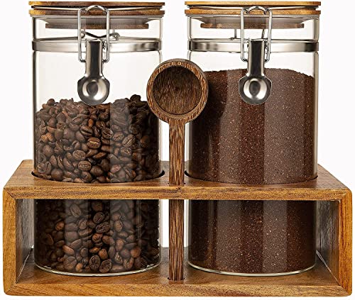 Wood 45oz Glass Coffee Canister Set with Spoon & Leakproof Lids - Yangbaga