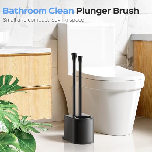HAMITOR Black Stainless Steel Toilet Plunger and Brush Set 2-in-1 Compact Bathroom Cleaner