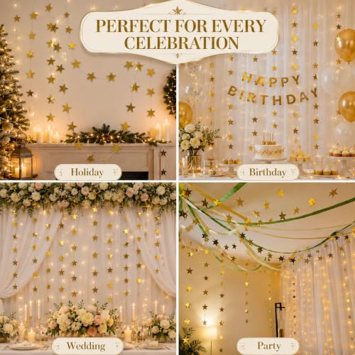 65ft Gold Star Garland 5-Pack - Double-Sided Glitter Hanging Stars Party Decor