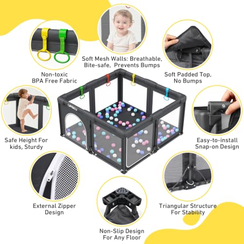 Baby Playpen Foldable 50x50 Inches with Mesh Sides & Dual-Access - Dark Grey