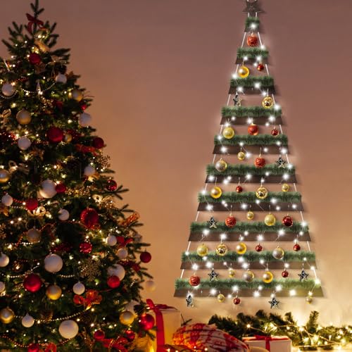 Soaoo Brown Wall Hanging Christmas Tree 30x70 Inch Decorative Wooden Ladder