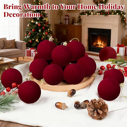 OCTERIC Red Velvet Christmas Ball Ornaments Set, 24 Pack 3.15 Inch Shatterproof Holiday Decorations