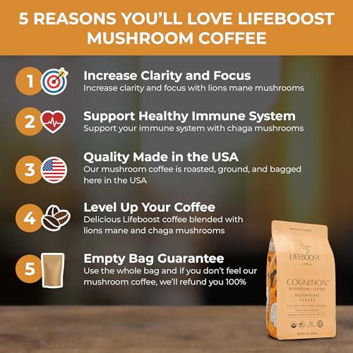 Lifeboost Organic Medium Roast Cognition Mushroom Ground Coffee 12oz with Lion's Mane & Chaga
