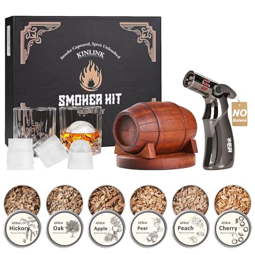 Whiskey Smoker Kit with Torch No Butane, 6 Wood Chips Flavors, 2 Glasses & Ice Molds – Whiskey & Cocktail Accessories – Whiskey Smoker