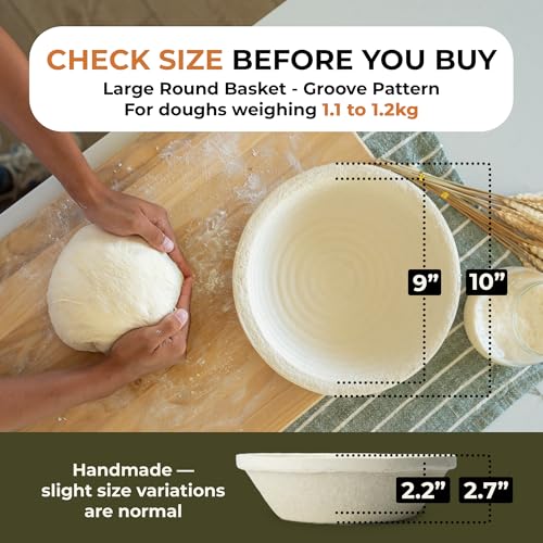 Sourdough Bread Proofing Basket 9 Inch Round Large 1kg Grooved Banneton - Handmade