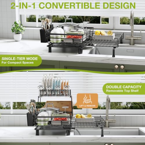 Large Black 2-Tier Expandable Dish Drying Rack for Kitchen Counter - Space Saving