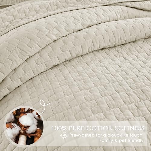Palassio Beige 100% Cotton Quilt Set Queen Size with Pillow Shams - Lightweight Textured Bedspread, All-Season Comfort, 3 Pieces (Block-Beige / Queen 90"x96")