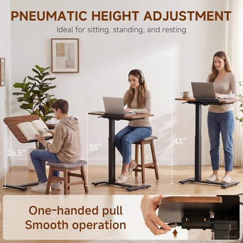 GTPLAYER Walnut Pneumatic Adjustable Standing Desk with Wheels, 28 Inch Mobile Laptop Table