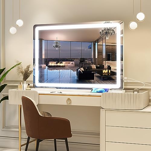 White 32x22 Inch Lighted Vanity Mirror with Touch Sensor & 3-Color Lighting