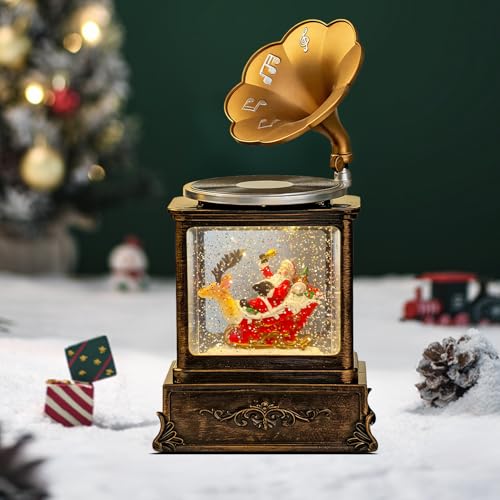 MOJDIOSM Phonograph Snow Globe Lantern - 8 Songs, Silent Mode, USB/Battery Powered, Reindeer Santa Snowman 10.8in
