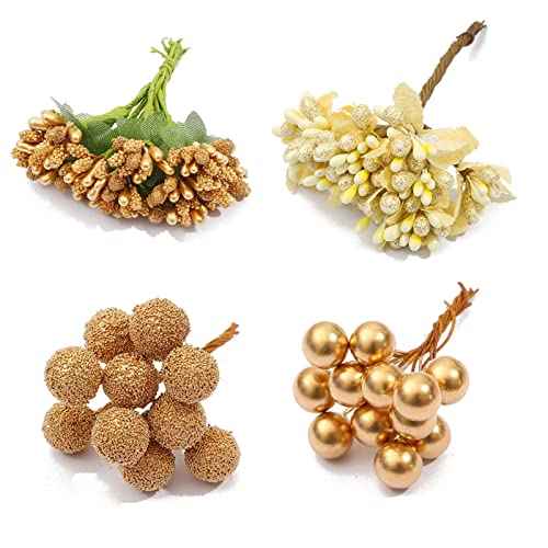 8 Style Flower Stamen Pistil Artificial Gold Flower Stamen Fake Berries Stamen Pistil for DIY Scrapbook Home Decoration (Gold)