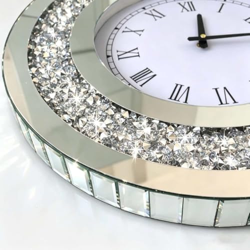 Silver Mirror Wall Clock 20x20in with Sparkle Crushed Diamond Design – Modern Home Decor