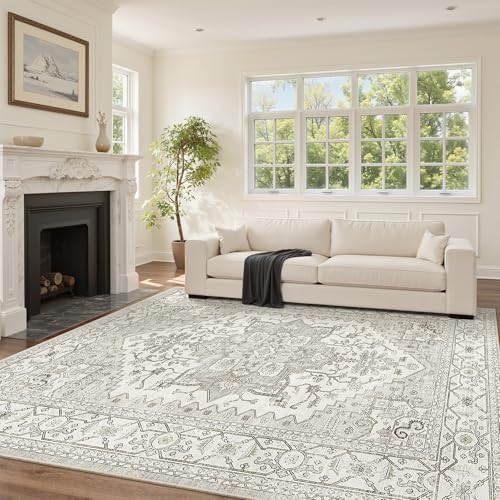 Befbee 9x12 Beige Floral Washable Area Rug - Large Soft Non-Slip Living Room Carpet