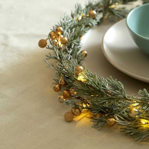 Sunset Home 6.5Ft Battery-Operated Christmas Garland with Lights, Gold Berries & Remote, Indoor Outdoor