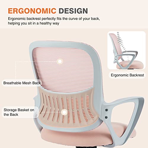 Pink Ergonomic Office Desk Chair with Lumbar Support - All-Day Comfort, 18.5"D