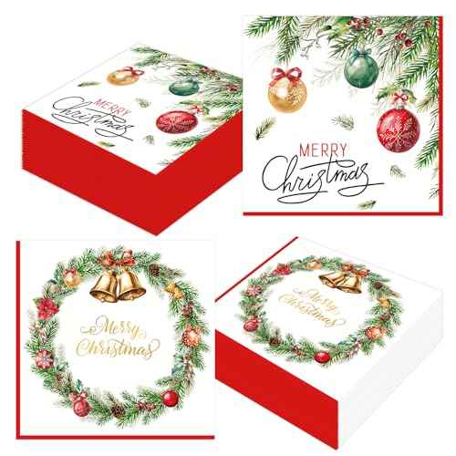 50 Pcs Christmas Paper Napkins 13 x 13 Inches, Disposable Luncheon Dinner Party Napkins Xmas Balls Wreath Theme for Winter Holiday Christmas Party Decorations