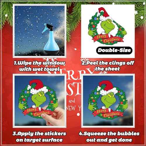 Christmas Window Clings Decorations for Window Glass, Large Xmas Green Red Stickers Decals Decor 9 Sheets Reusable Double Sided Window Stickers, Merry Christmas Gel Decals Indoor Party Supplies