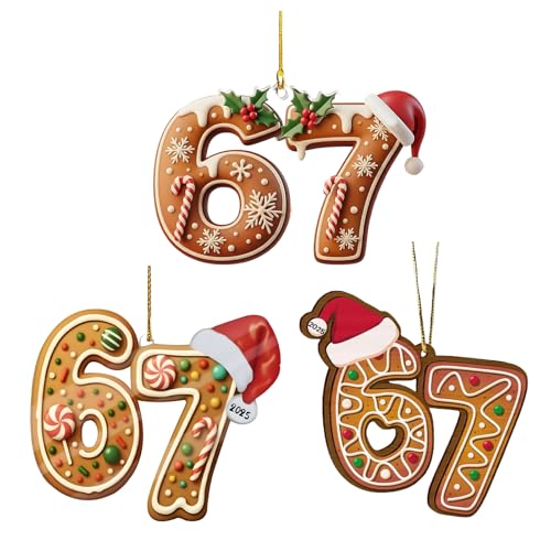 LHBMET 3Pcs Six Seven Christmas Ornament C — 67 Acrylic Meme Santa Tree Ornaments (Variation C)