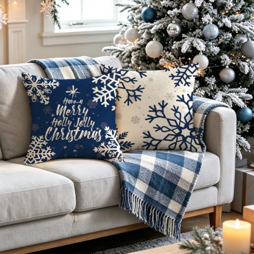 Blue Merry Christmas Snowflake Pillow Covers 18x18 Inch, Set of 4 - 18" Square