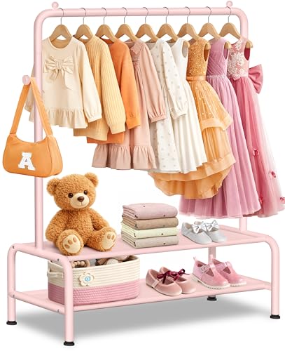 Kids Clothing Rack with Shelves - Pink Dress Up Storage for Little Girls