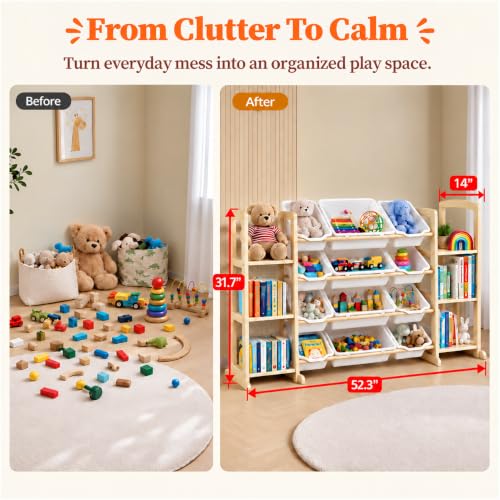 Etitlly Toy Storage Organizer with Bookshelf - W52.3'' 12 Bins & 6 Shelves, White Kids Toy & Book Organizer