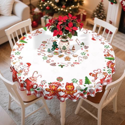Christmas Round Tablecloth 61 Inch, Gingerbread Candy Cane Print