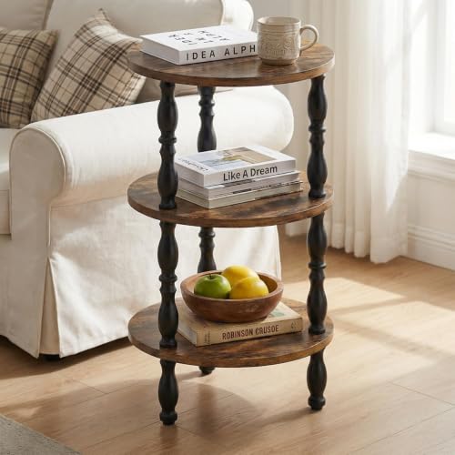 Round 3-Tier Side Table - Modern Oval Nightstand for Living Room & Bedroom - Rustic Brown