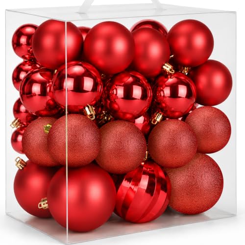 54pcs Red Christmas Ball Ornaments Set - Shatterproof, 3 Sizes, Assorted Finishes