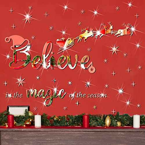 Christmas Acrylic Wall Decals Believe Quote Stickers 3D DIY Mirror Stickers Christmas Christ Wall Decor Acrylic Reindeer Snowflakes Window Clings Decal for Home Window(Silver)