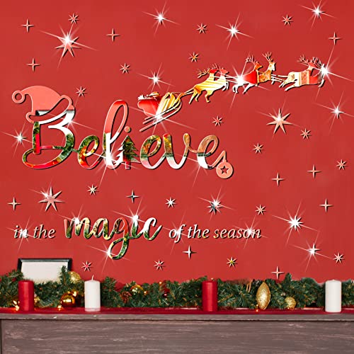 Silver Christmas Wall Decals Believe in the Magic of the Season 3D Mirror Stickers