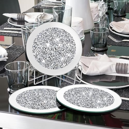 Jetec 6 Pcs Crystal Coasters with Holder – 7" Round Mirrored, Silver