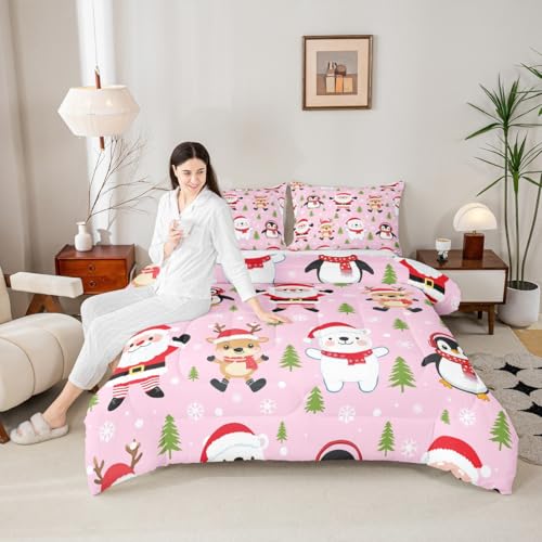Feelyou Santa Claus Christmas Comforter Set Twin 2 Pcs - Pink/Red/White