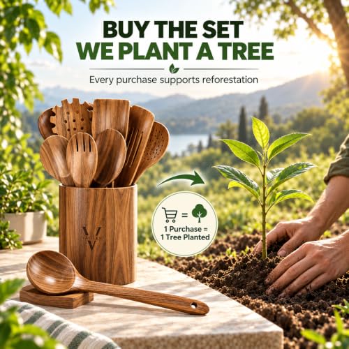 XXL Wooden Utensil Set 13-Piece with Round Holder & Spoon Rest - Acacia Kitchen Tools