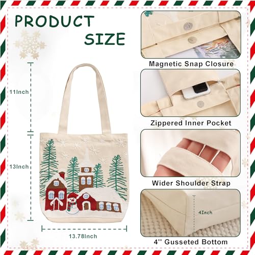 Christmas Embroidery Canvas Tote Bag Cute Reusable Gift Bags for