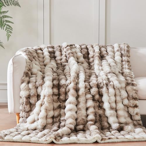 60x80 Inch Fuzzy Faux Fur Twin Blanket Bubble Tie Dye Brown - Ultra-Soft Cozy Throw