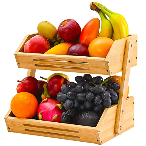VIKEYHOME 2-Tier Natural Bamboo Fruit Basket Stand - 11" Countertop Organizer