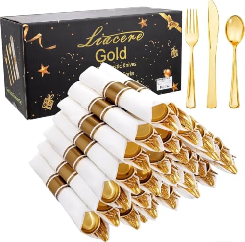 Liacere Gold Classic Disposable Silverware & Napkin Set 400pcs Party Pack
