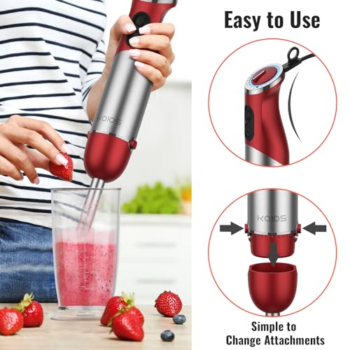 5-in-1 Hand Immersion Blender Set - 1000W Red, Includes Beaker, Food Processor, Whisk & Frother
