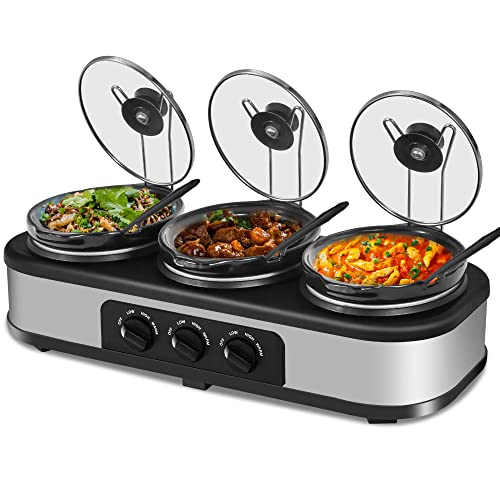 HEYNEMO 4.5 Qt Silver Triple Slow Cooker Buffet Server with 3 Ceramic Pots