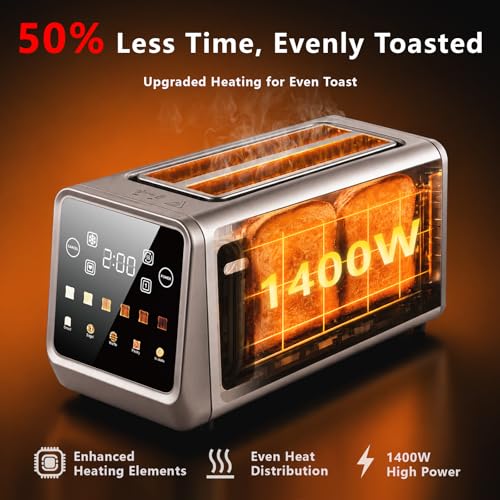 SAKAMOSH Silver 4-Slice Touch Screen Toaster with Wide Slots & Memory Function