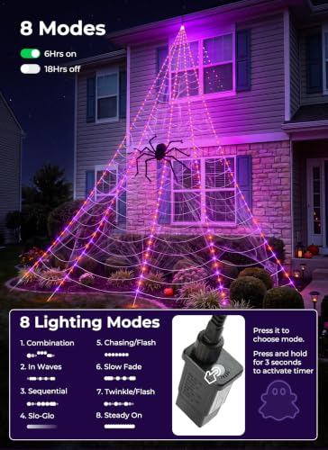 Brightown Halloween Outdoor Decorations - Orange & Purple 255-LED Giant Spider Web Lights Set