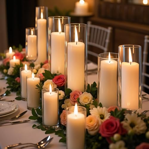 Homjoy 24 pcs Ivory White Pillar Candles with Glass Candle Holders - Elegant Wedding & Home Decor Set