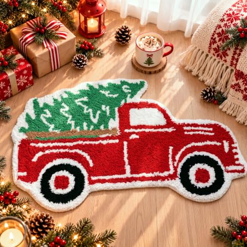Tinideya Christmas Truck Bath Mat - Water Absorbing Flocked Shower Rug with Non-Slip Backing