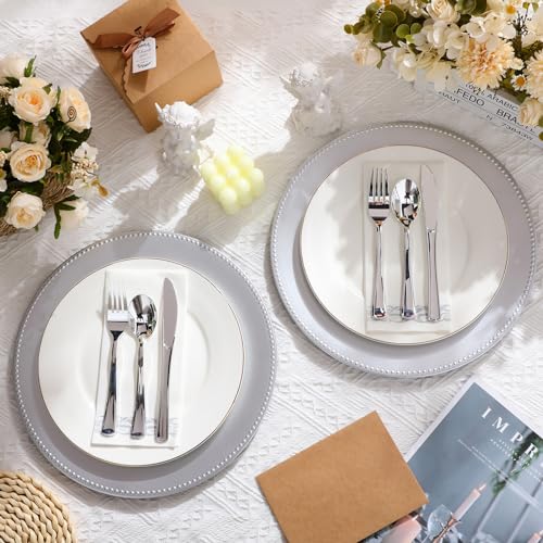 Jinei 36 Pack 13 Inch Silver Beaded Round Charger Plates - Classic Silver / Silver Beaded Edge