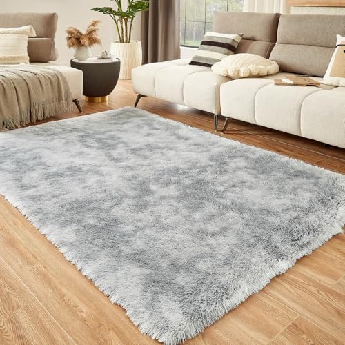 Tie-Dyed Light Grey Shag Area Rug 6x9 - Soft Fluffy Carpet for Living Room & Bedroom