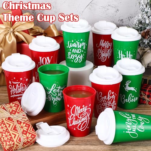 Red & Green Christmas Reusable Cup Set 40 Pcs 12 oz with Thick Lids